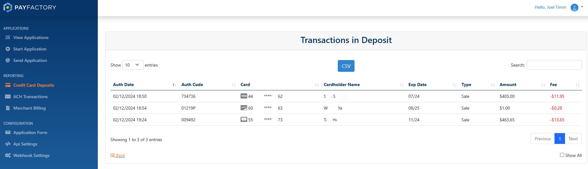List of Names and Transactions in that Deposit