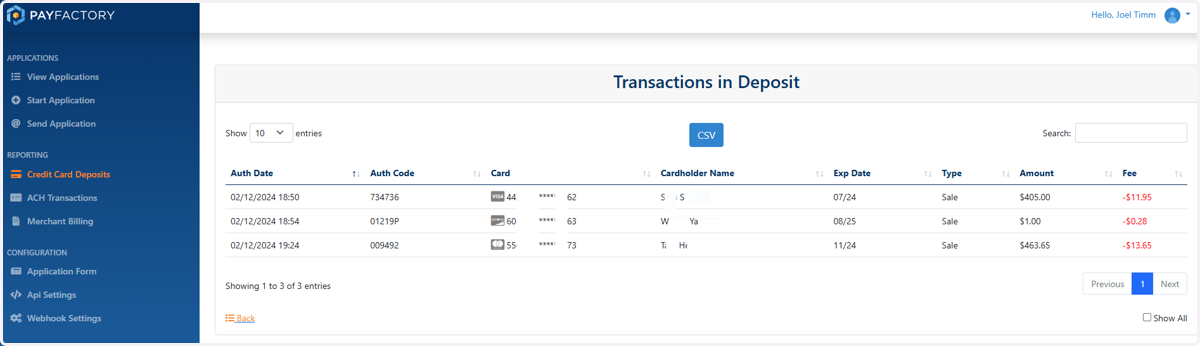 List of Names and Transactions in that Deposit