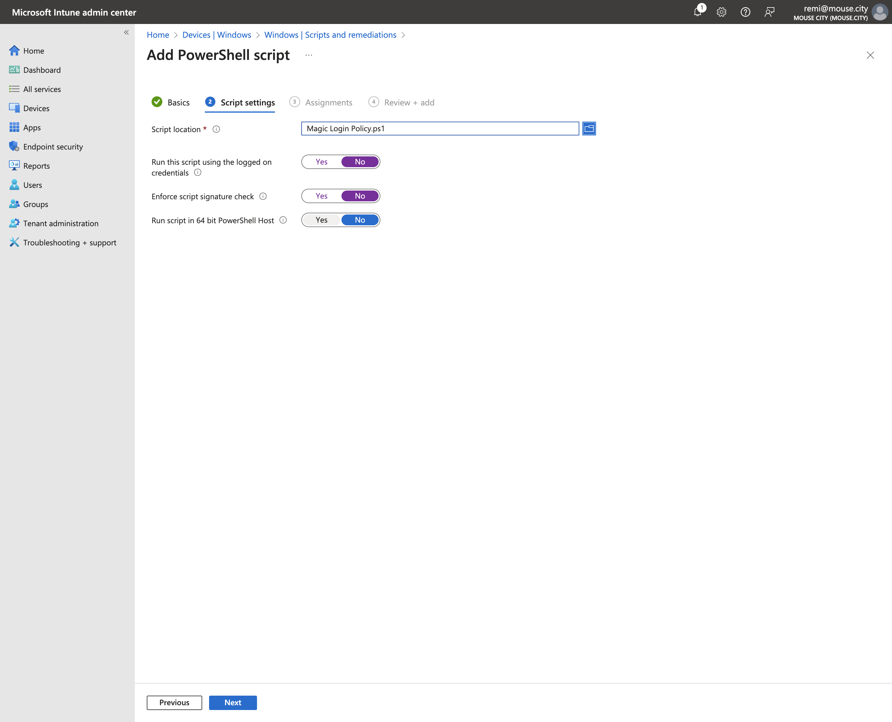 A. Select the file for the script needed from file upload menu B. Click on No C. Click on No D. Click on Yes