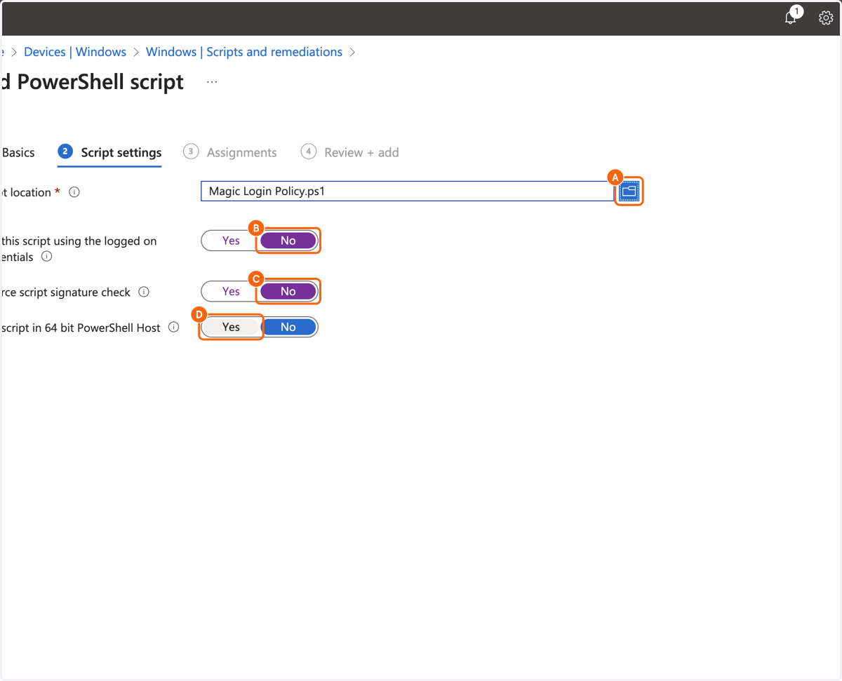 A. Select the file for the script needed from file upload menu B. Click on No C. Click on No D. Click on Yes