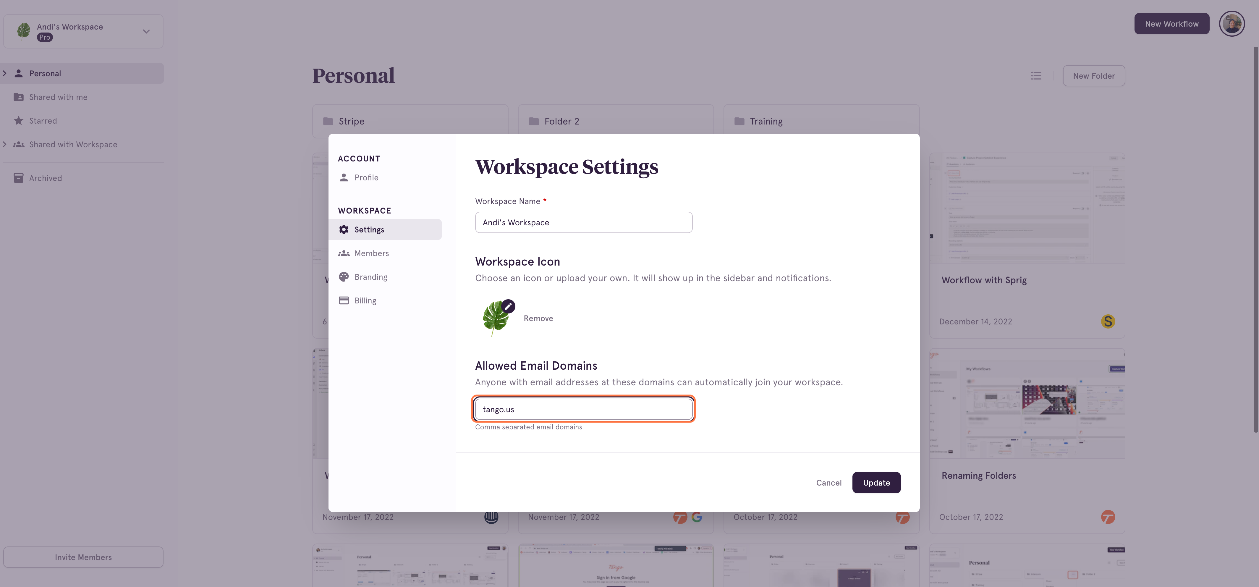 In the Settings modal, type the email domain(s) for users you would like to be allowed to automatically join your Workspace
