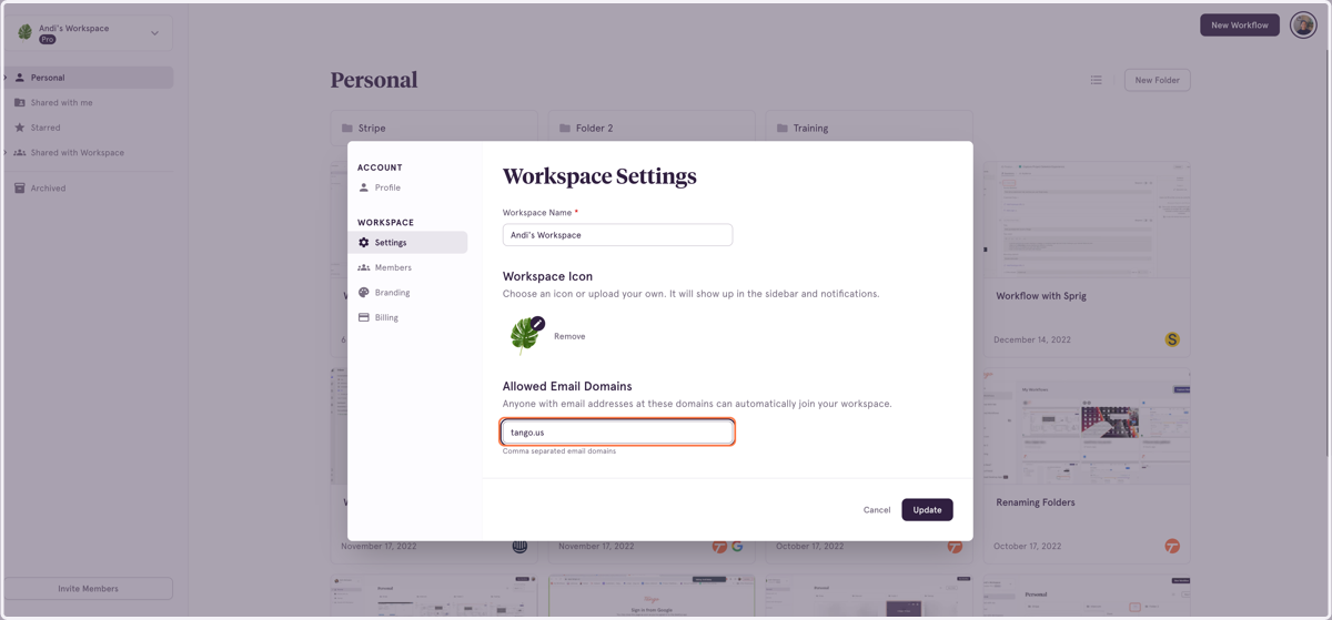 In the Settings modal, type the email domain(s) for users you would like to be allowed to automatically join your Workspace