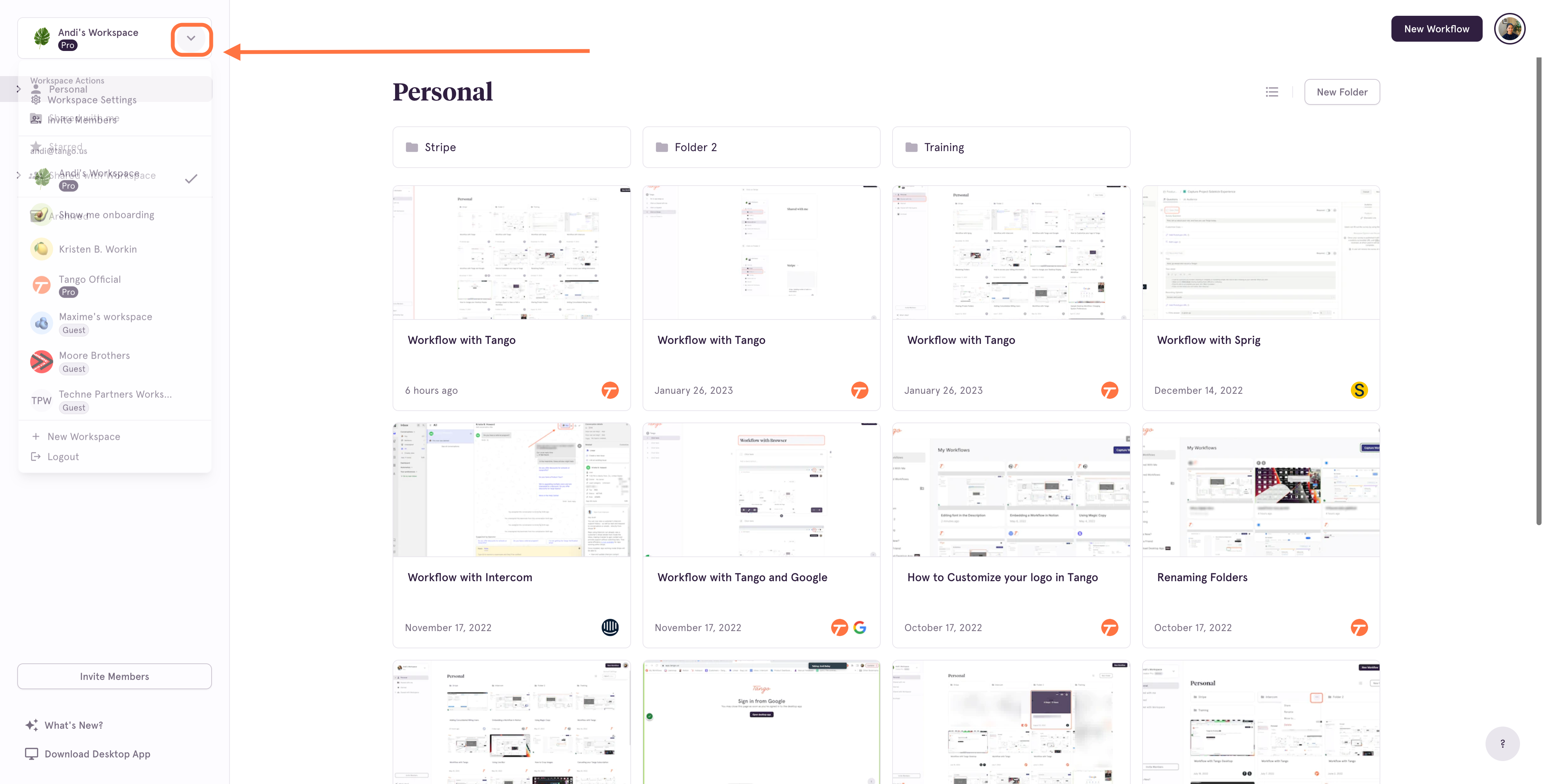Click on the Dropdown menu for your Workspace…