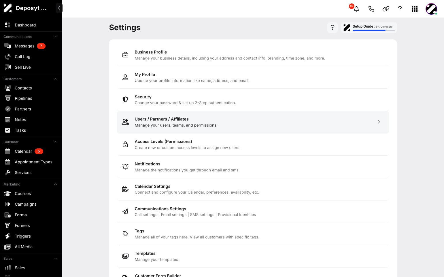 Step 3: You will then be navigated to the Settings page. Click on Users / Partners / Affiliates