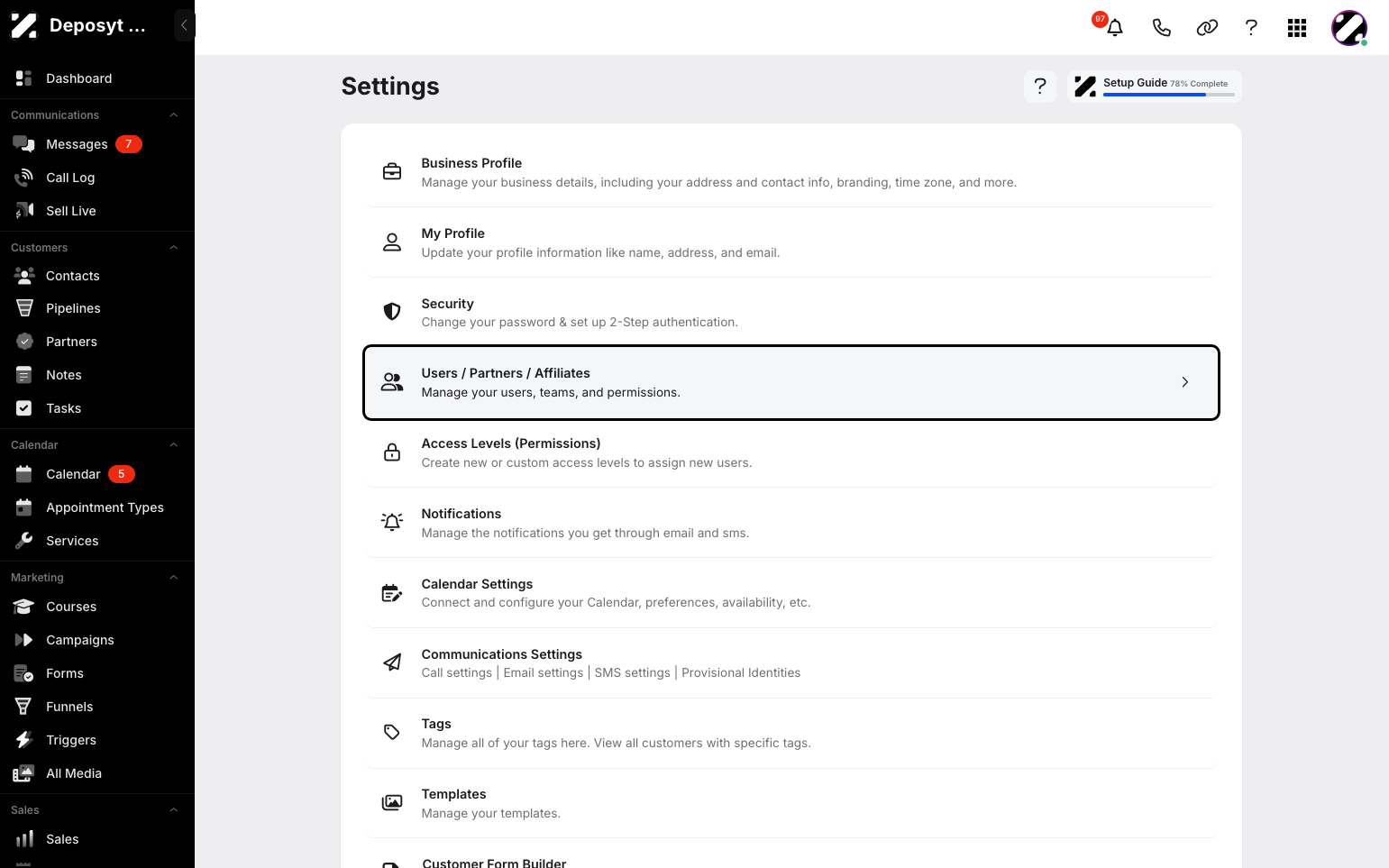 Step 3: You will then be navigated to the Settings page. Click on Users / Partners / Affiliates
