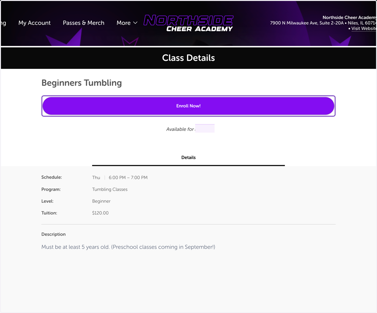 Confirm the class details. then Click on Enroll Now!
