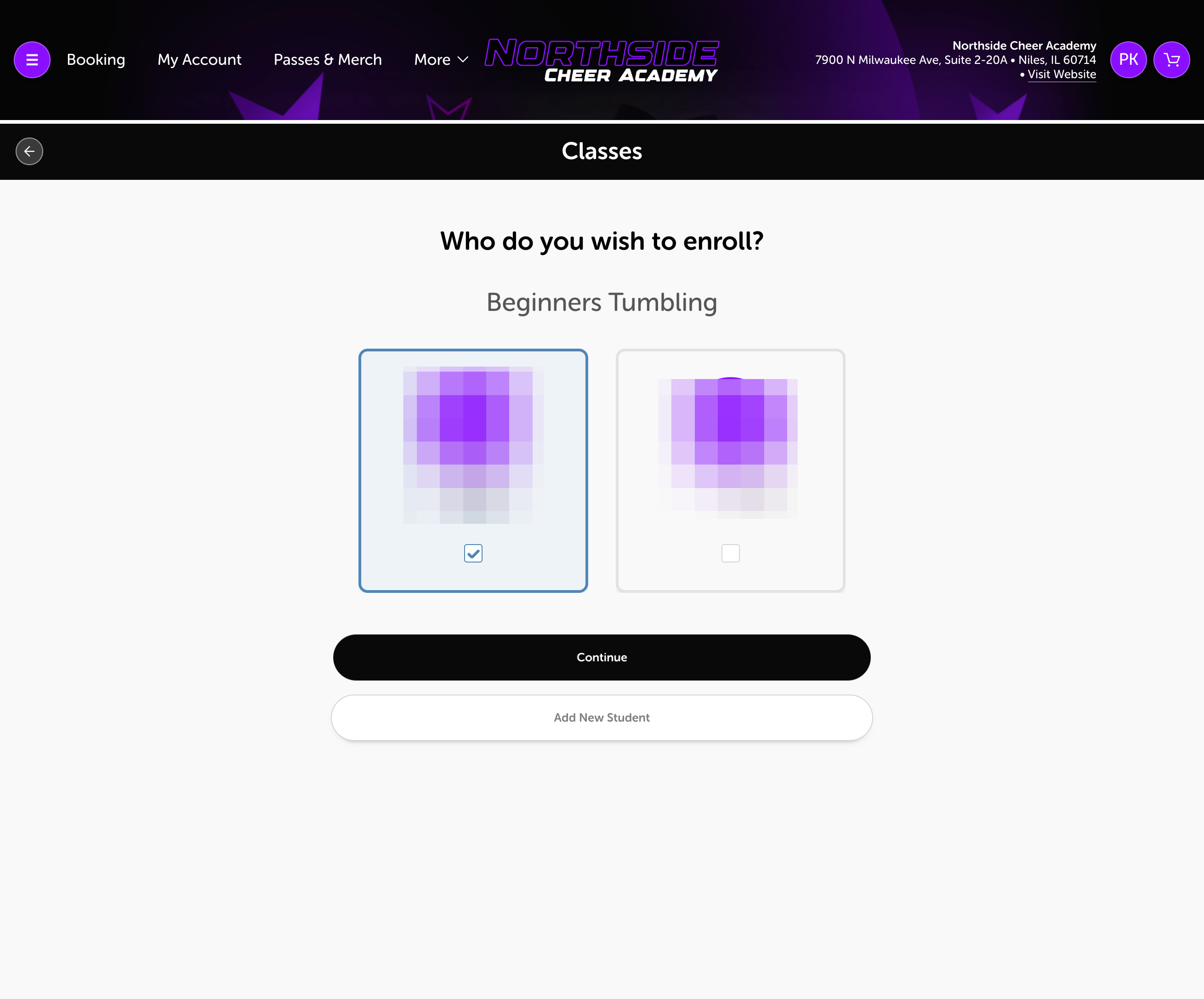 Select the student you with to enroll, Click on Continue