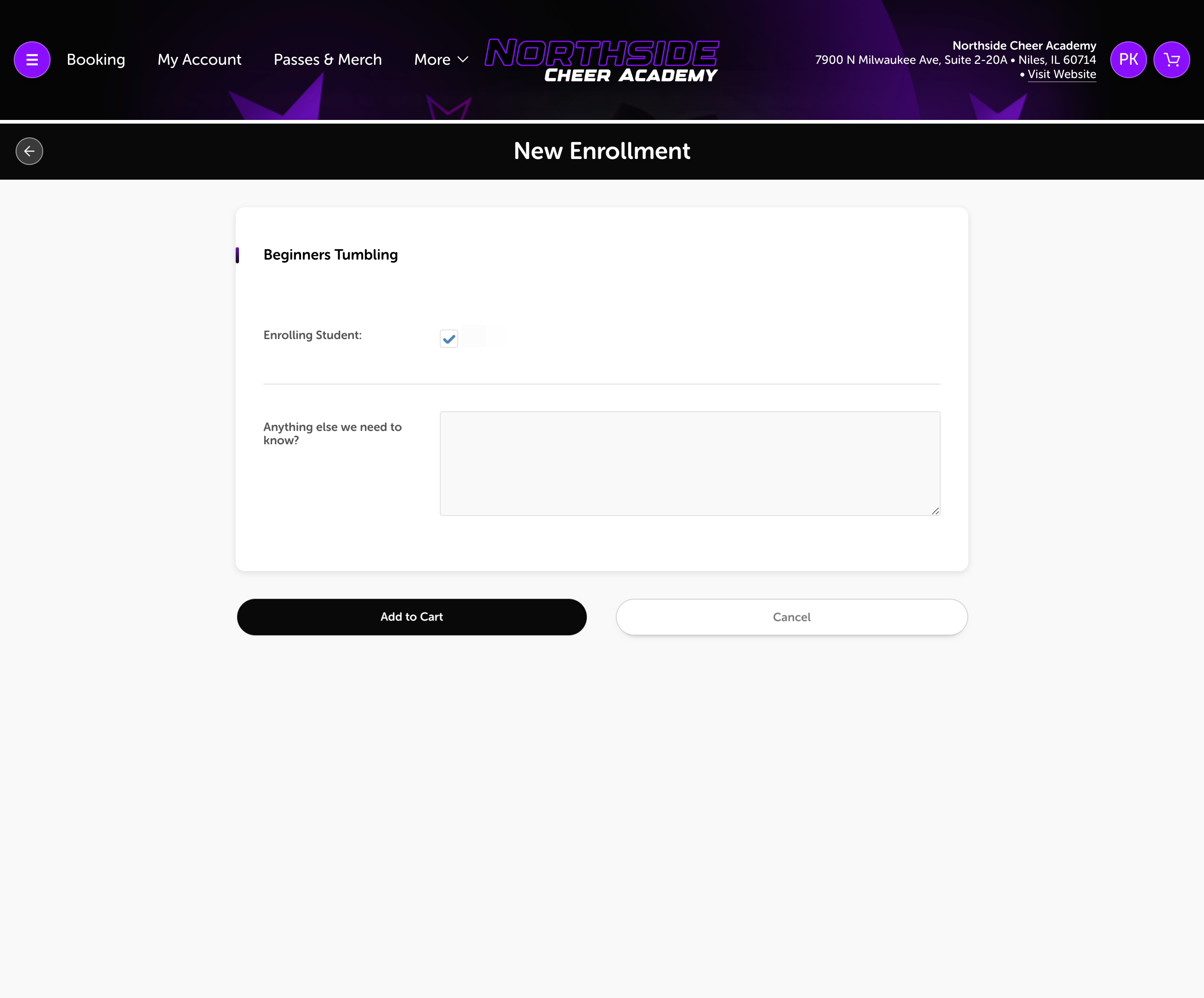 Let us know any additional information about the student we might need to know, then Click on Add to Cart