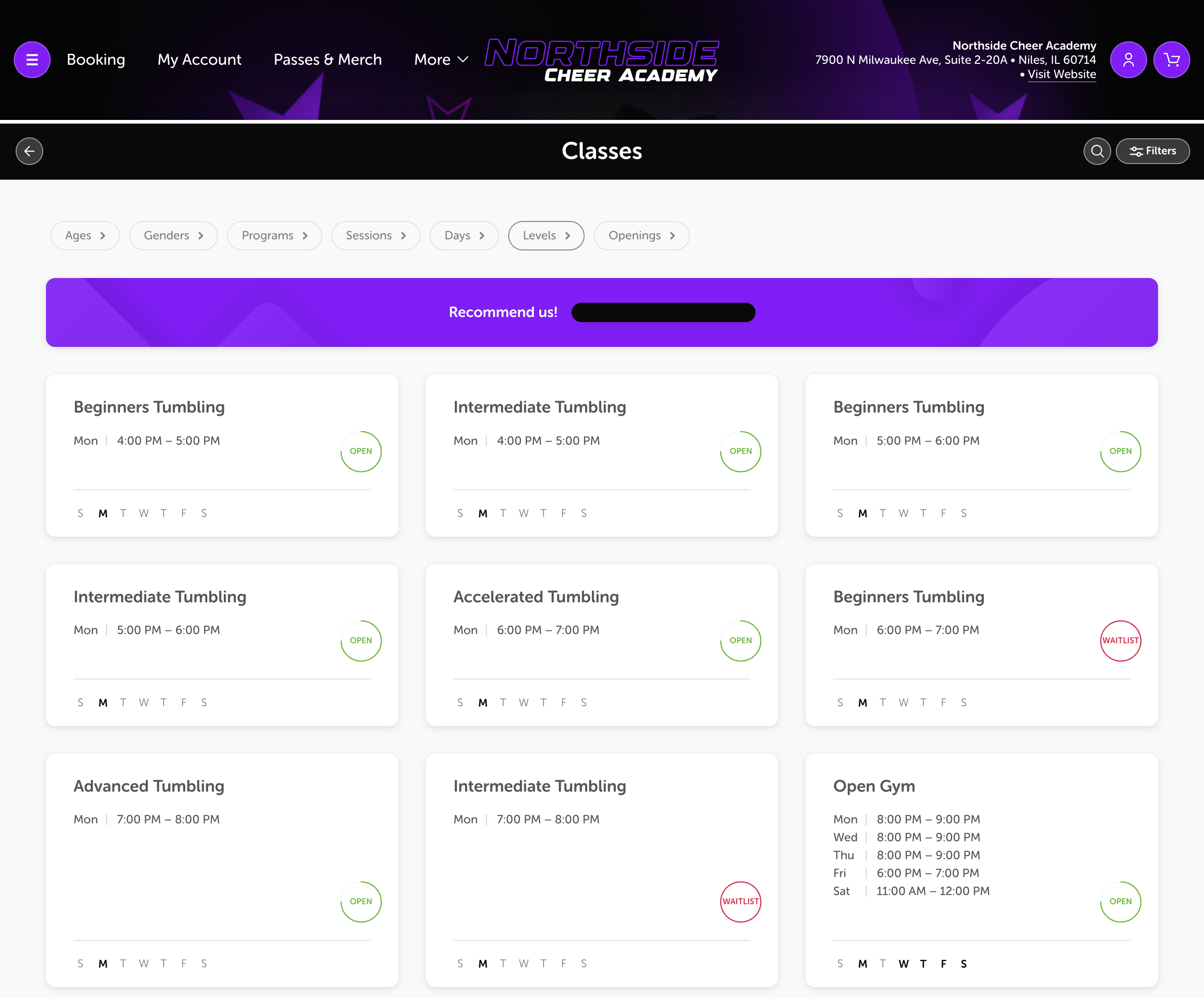 Click on Levels to show you the right classes for your athlete.