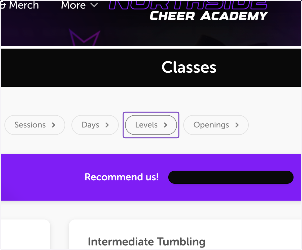Click on Levels to show you the right classes for your athlete.