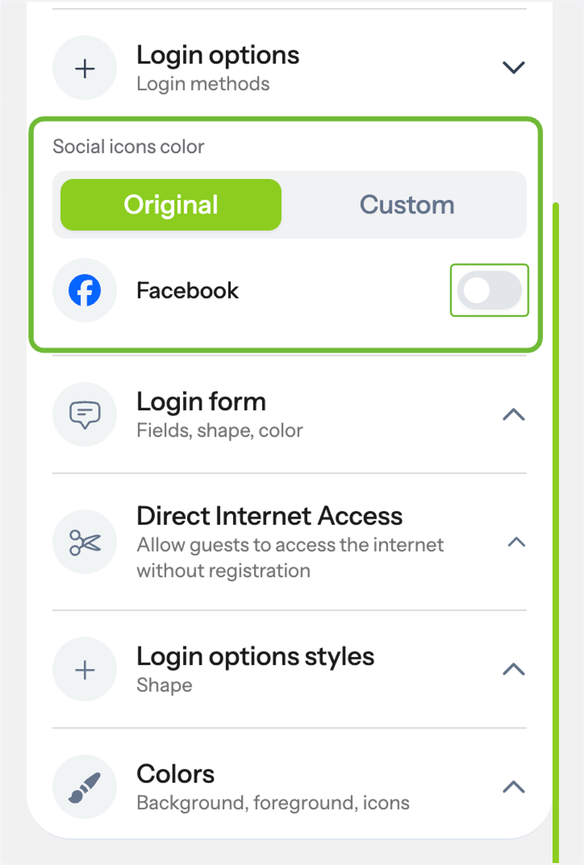 1. Facebook Login Let users connect using their Facebook accounts. You can use the default Facebook icon color or a custom one to better match your branding.
