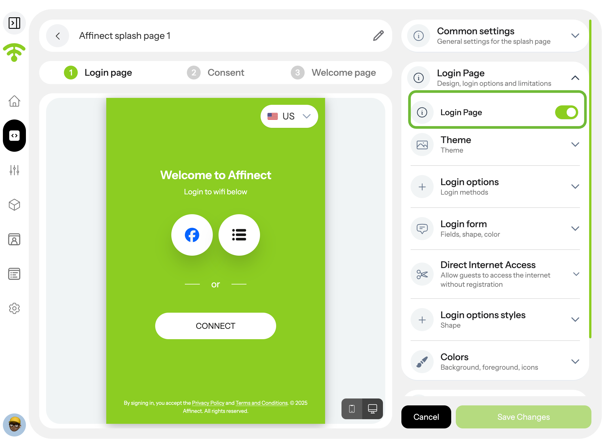 Enable the Login page.