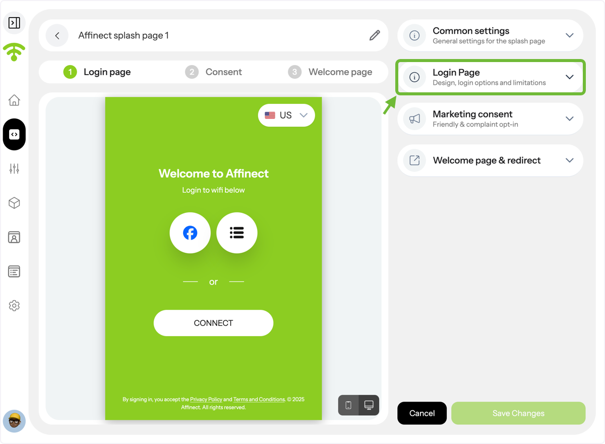 A preview of your splash page will appear with settings on the right-hand side. Click on the Login Page to customize.