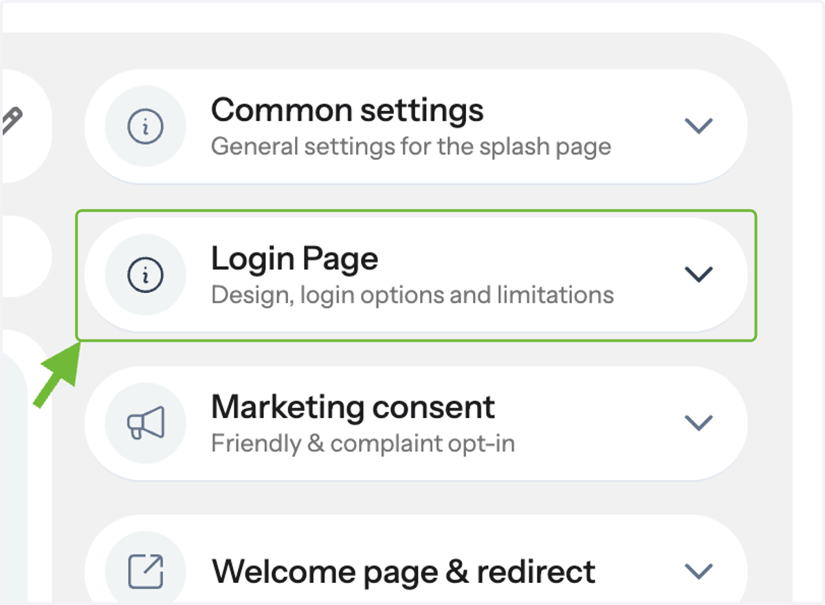 A preview of your splash page will appear with settings on the right-hand side. Click on the Login Page to customize.