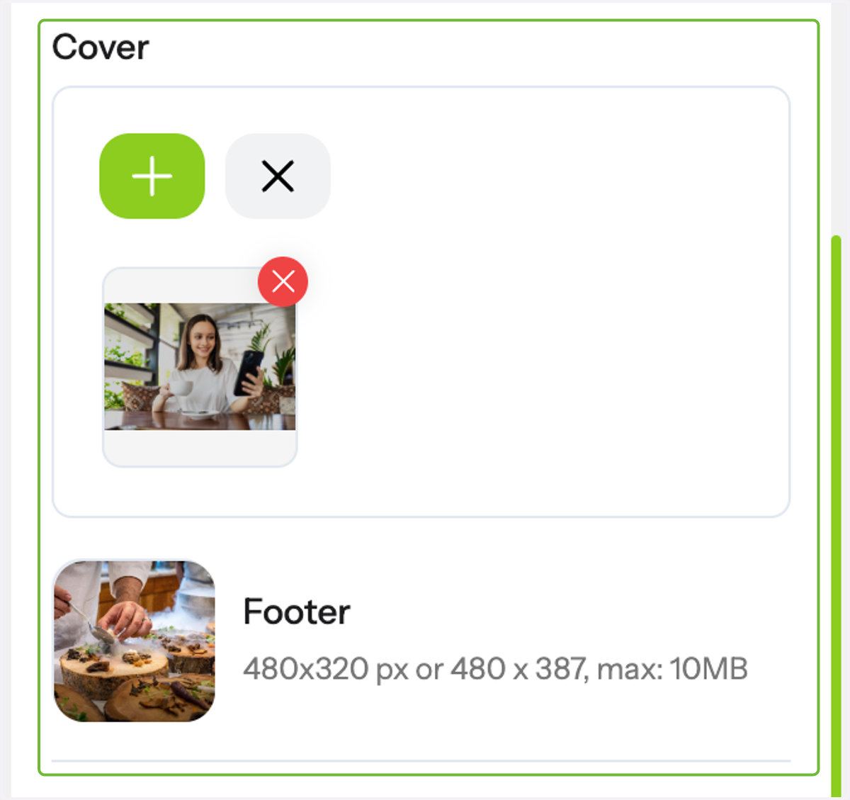 Under 'Themes', you can customize the cover and footer of your choice. You can upload images in GIF or PNG format, with a recommended size of up to 200KB. Multiple images can also be added for a more personalized look.