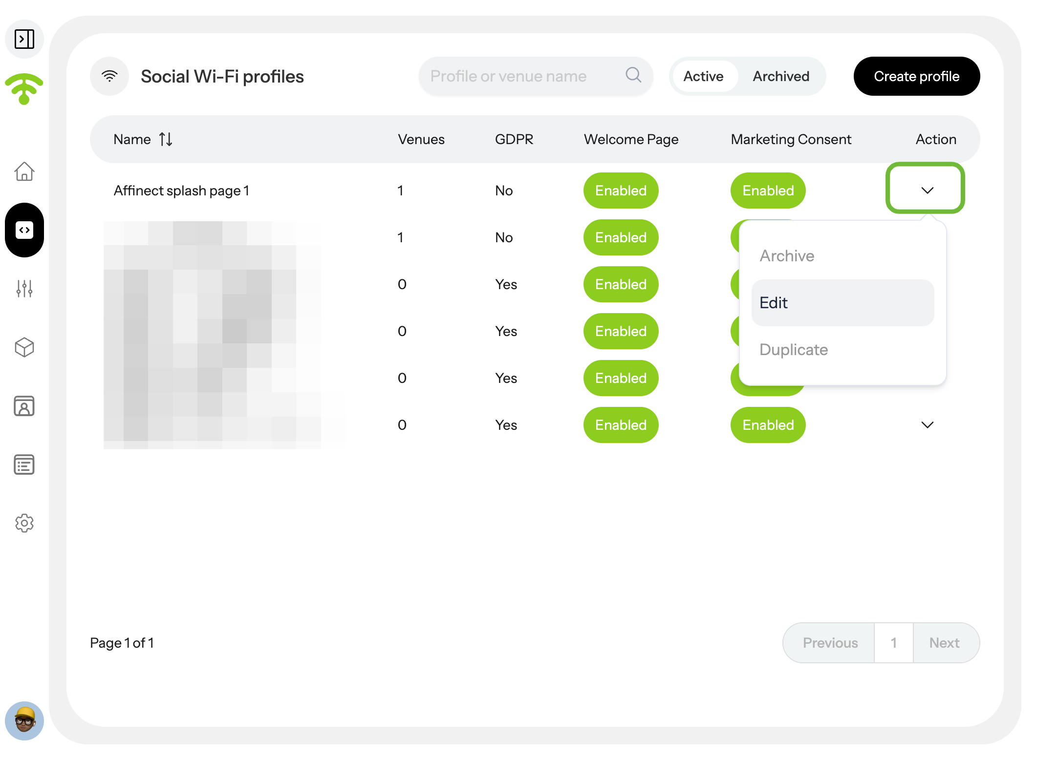 A preview of your social WiFi profiles will appear. Under Actions, click on the profile's drop-down menu you wish to…