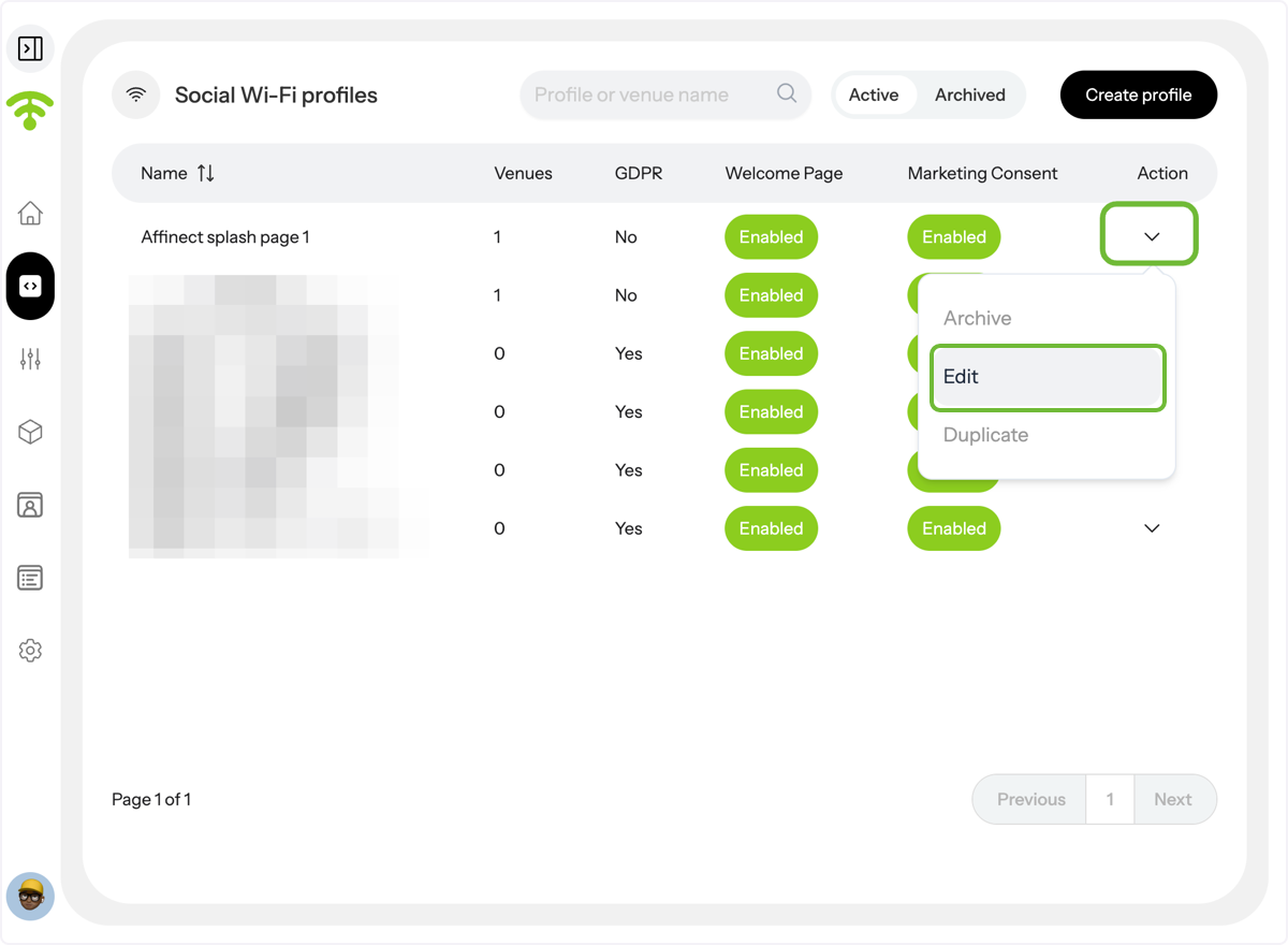 A preview of your social WiFi profiles will appear. Under Actions, click on the profile's drop-down menu you wish to…