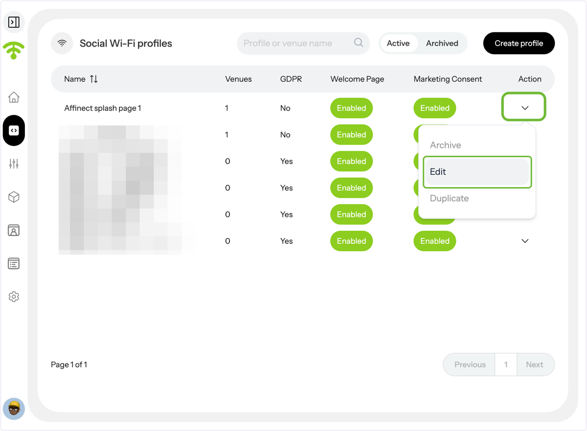 A preview of your social WiFi profiles will appear. Under Actions, click on the profile's drop-down menu you wish to update the login page for and click 'Edit'.