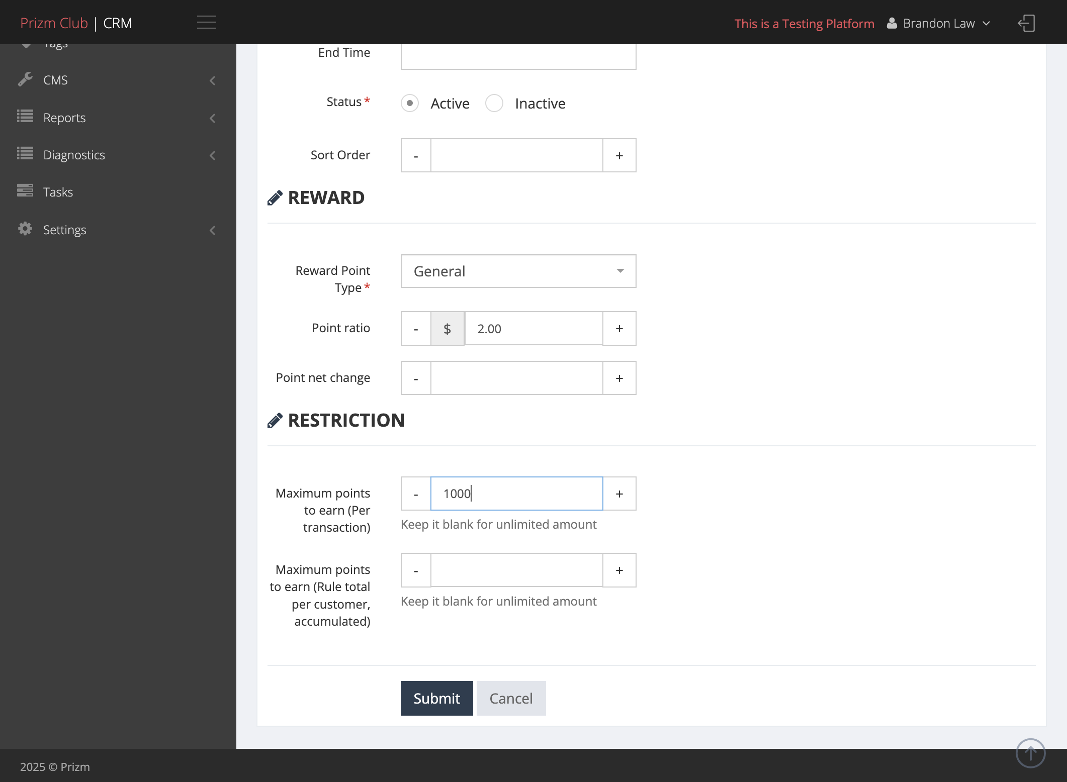 Enter the Maximum Points to Earn per transaction. This sets a cap on the total points that can be earned for each transaction.