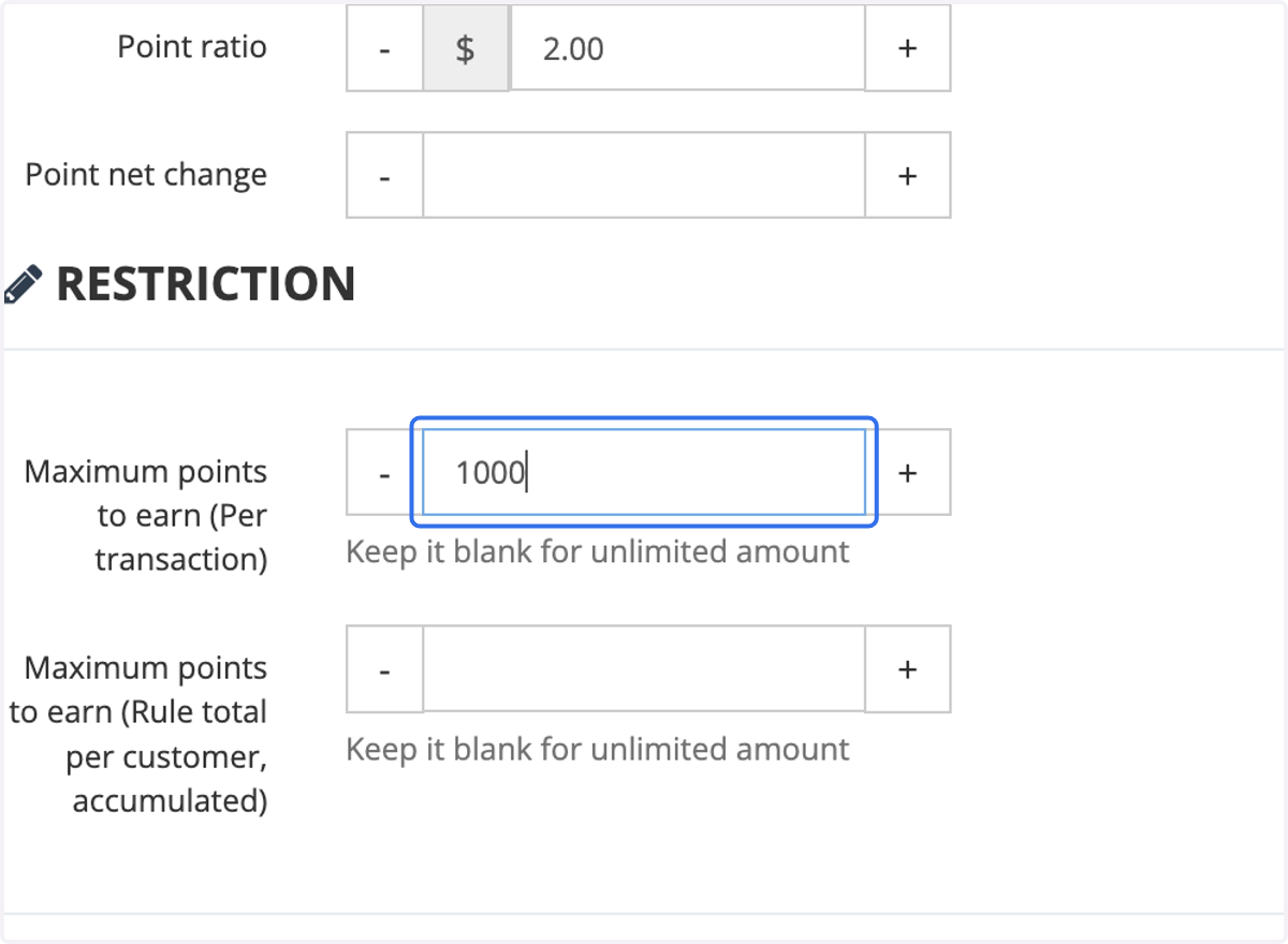 Enter the Maximum Points to Earn per transaction. This sets a cap on the total points that can be earned for each transaction.