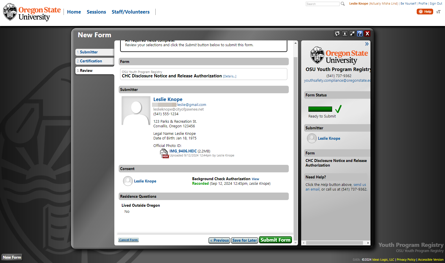 Review the form for accuracy and click Submit Form