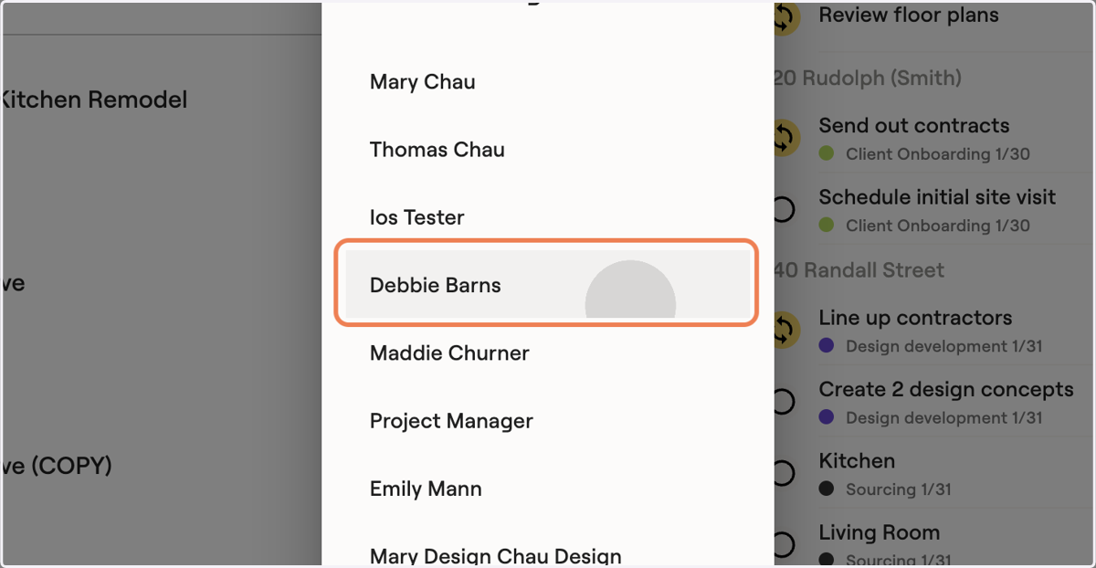 Select the team member you want to reassign the task to