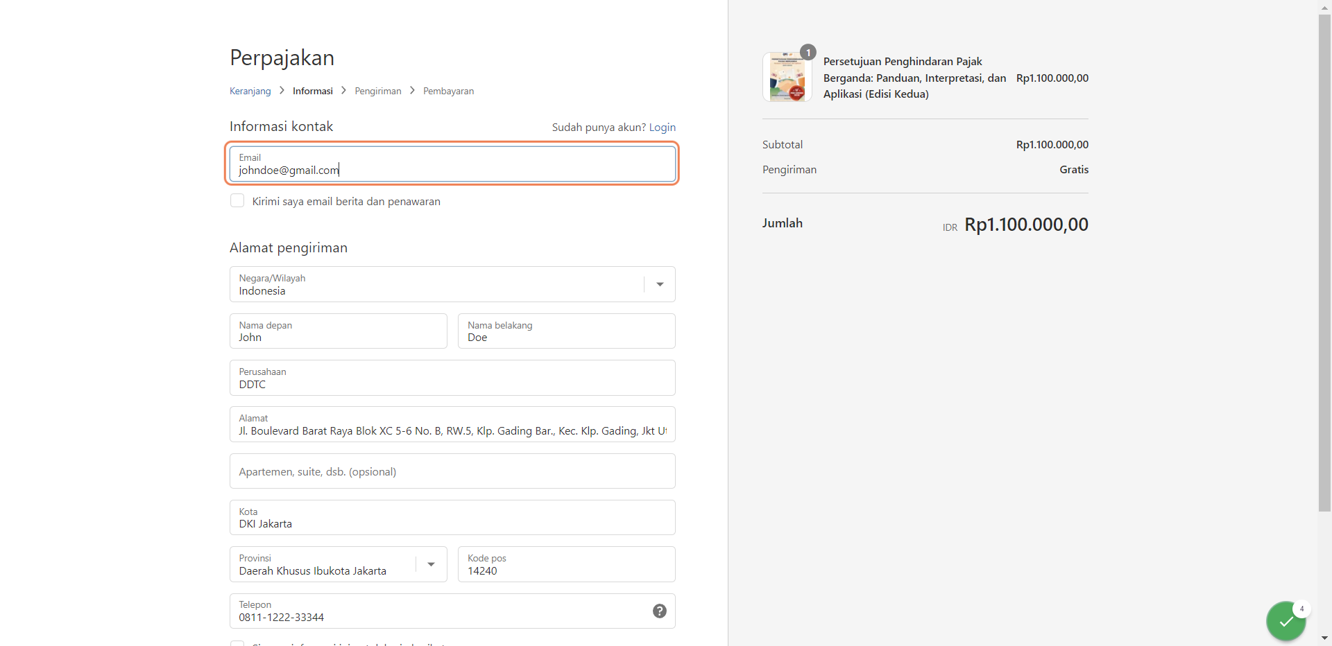 Ketik alamat email Anda yang aktif dan benar. Alamat email tersebut akan digunakan untuk menerima email konfirmasi pembayaran dan kode kupon Perpajakan ID.
