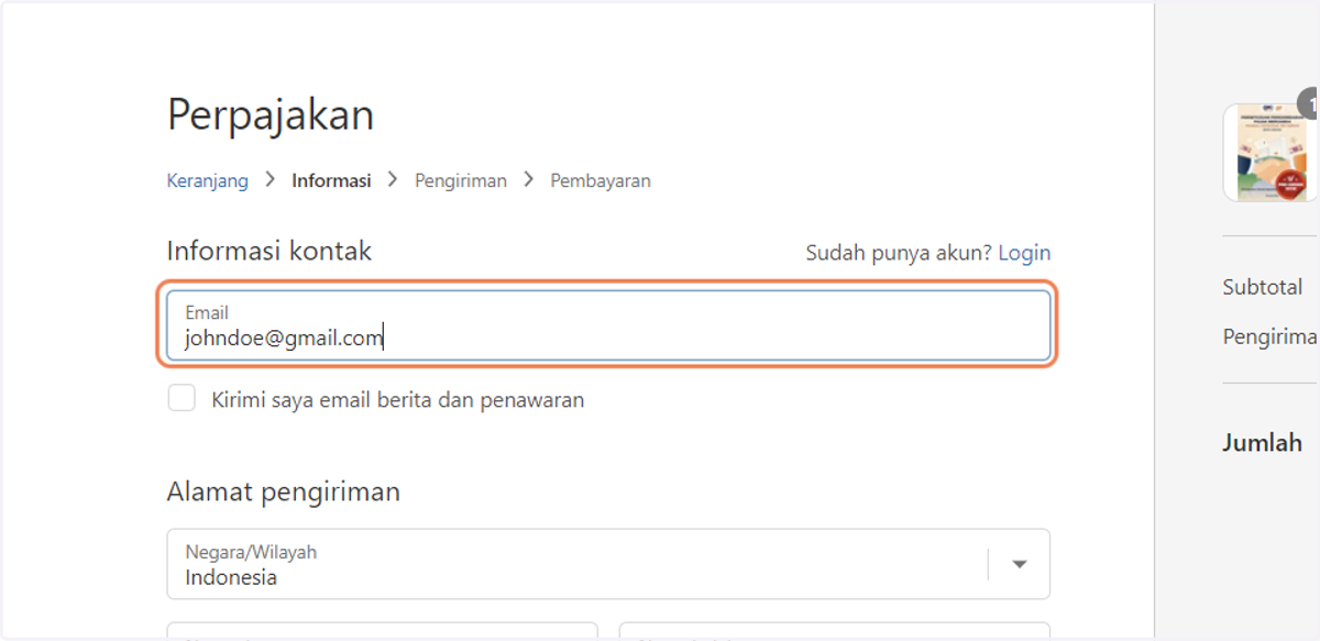 Ketik alamat email Anda yang aktif dan benar. Alamat email tersebut akan digunakan untuk menerima email konfirmasi pembayaran dan kode kupon Perpajakan ID.