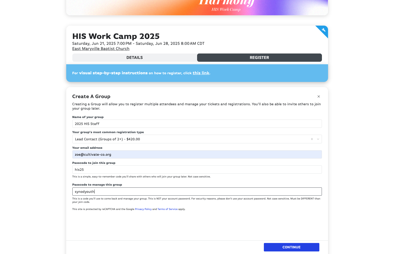 Click on CONTINUE - your group is created! You should get a confirmation email of this.