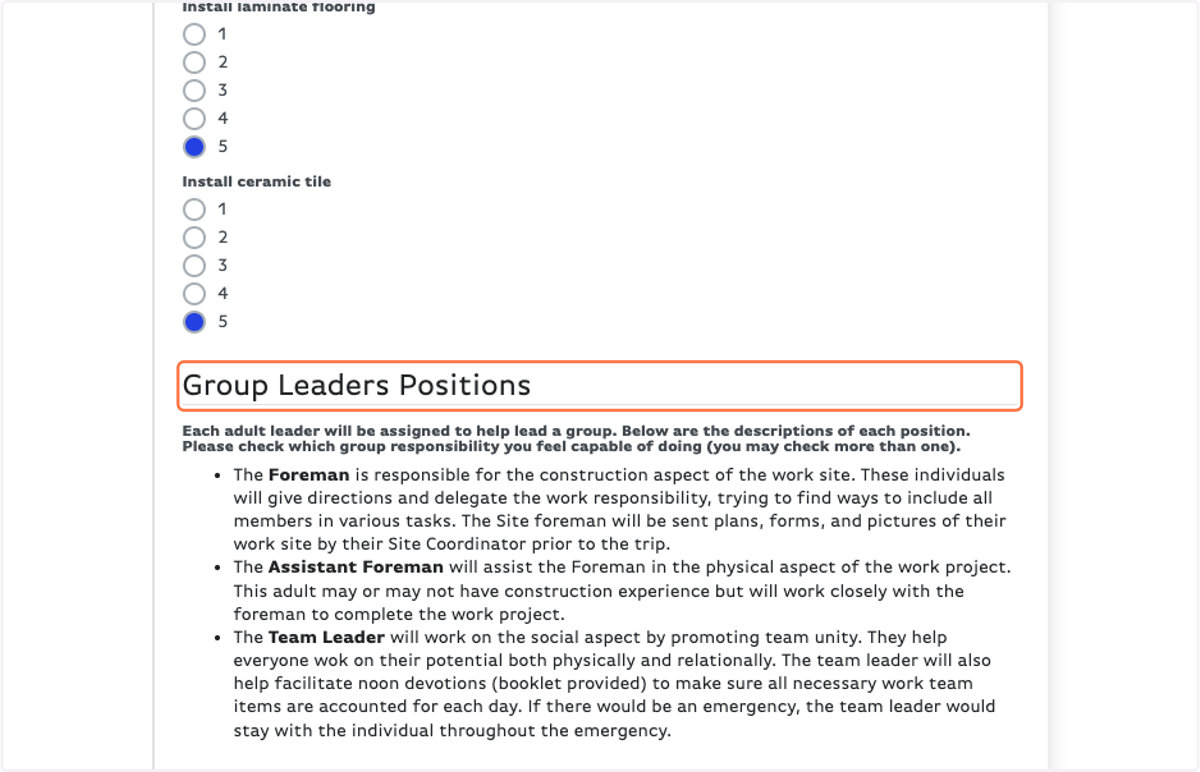 Read through Group Leaders Positions carefully and indicate which roles you feel capable of doing.