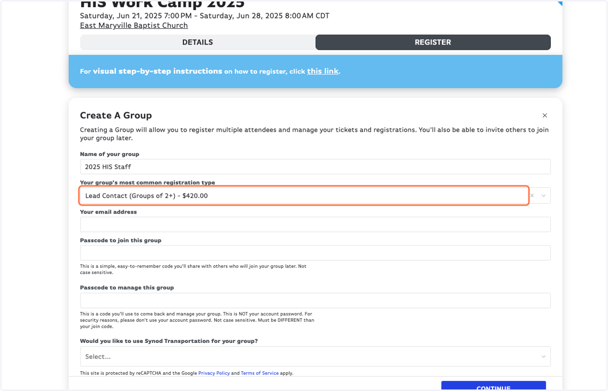 Choose your group's most common registration type (this is irrelevant)