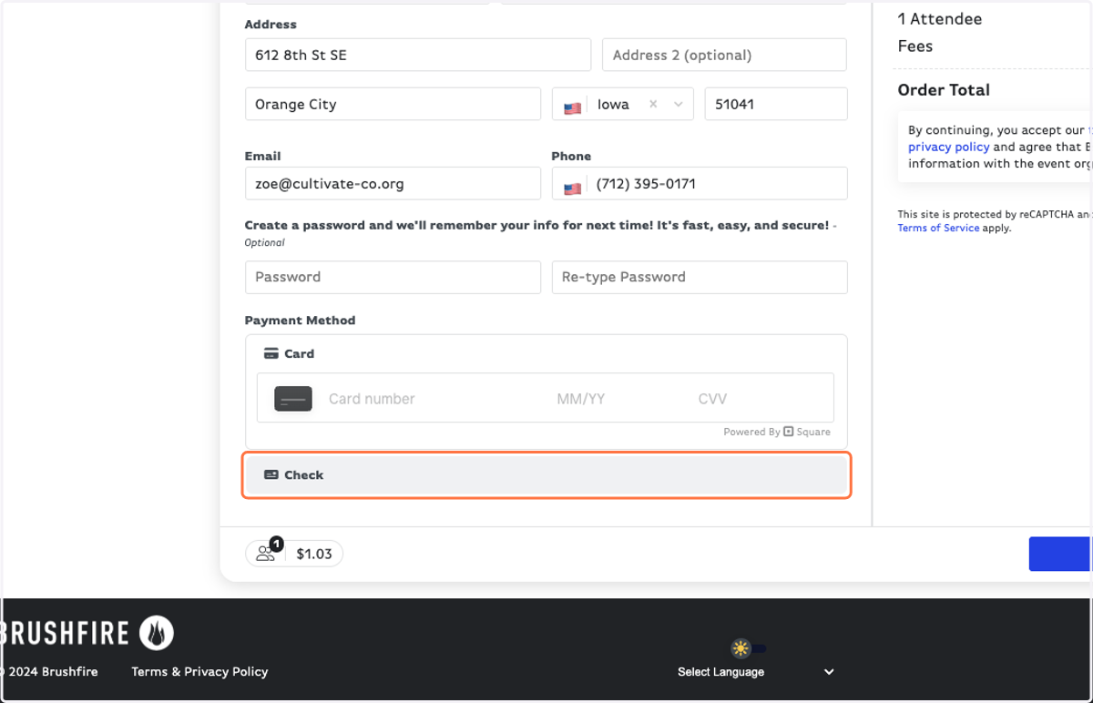 Fill in your card information OR select Check.