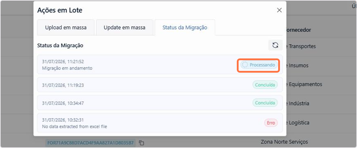 Aba de execuções no modal de ações em massa