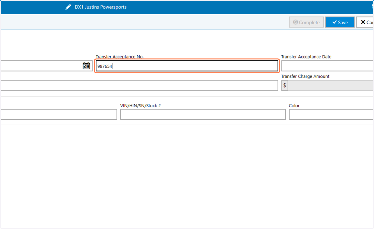Type the transfer acceptance number