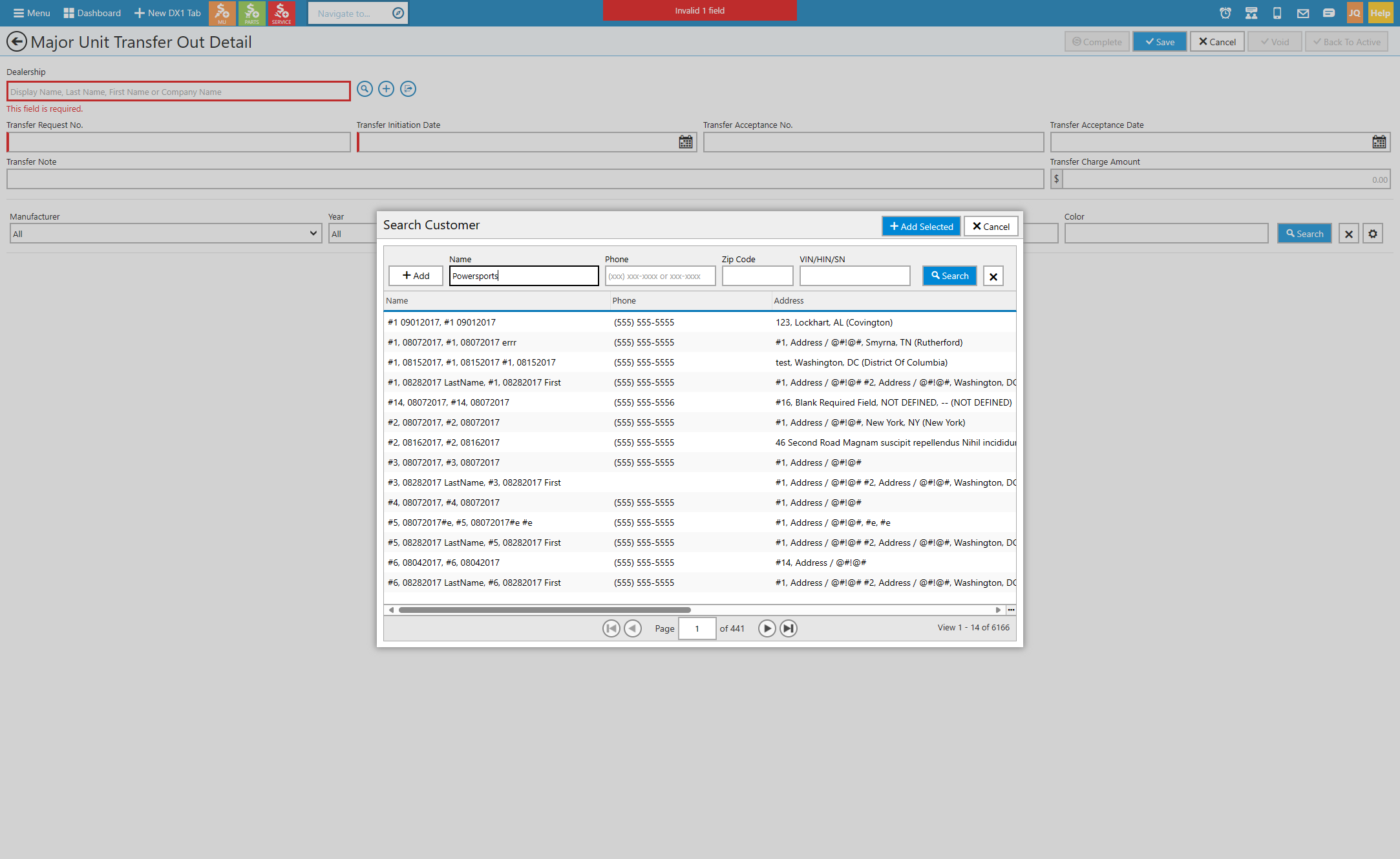 Search for the transferring dealers name