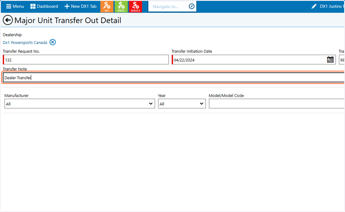 Type a transfer note