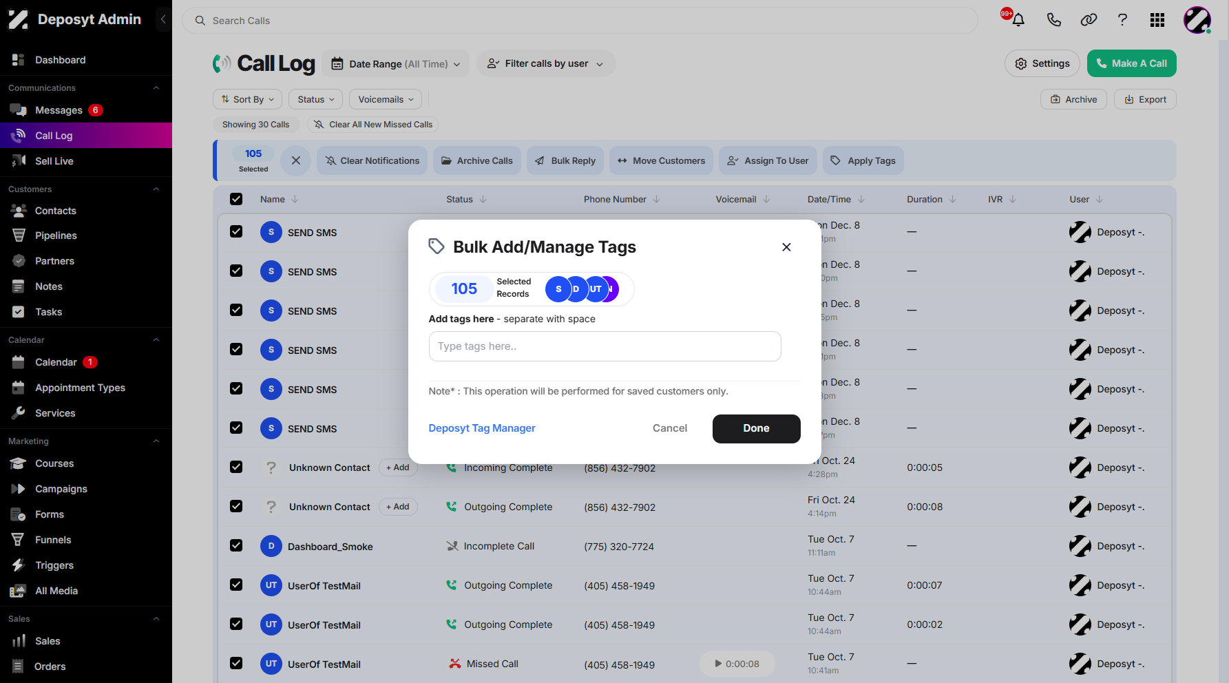 Step 7: A pop-up window will appear, allowing you to configure the action. From here, you can view the total number of selected call history entries and manage your tags as needed.