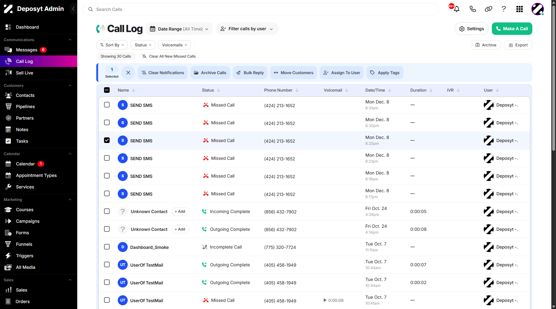 Step 3: To enable the bulk apply tags action, select a call history entry from the list by clicking its checkbox.