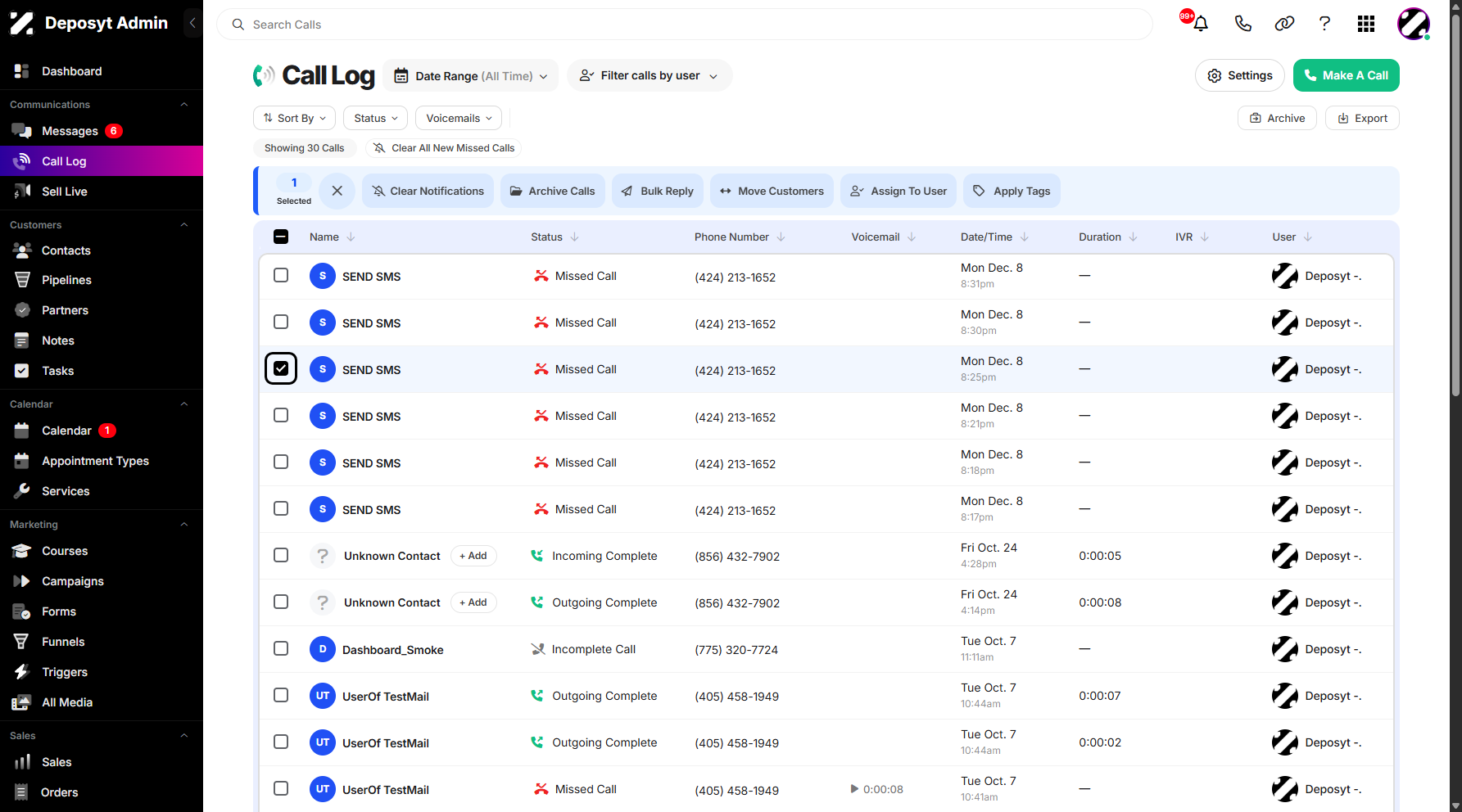 Step 3: To enable the bulk apply tags action, select a call history entry from the list by clicking its checkbox.