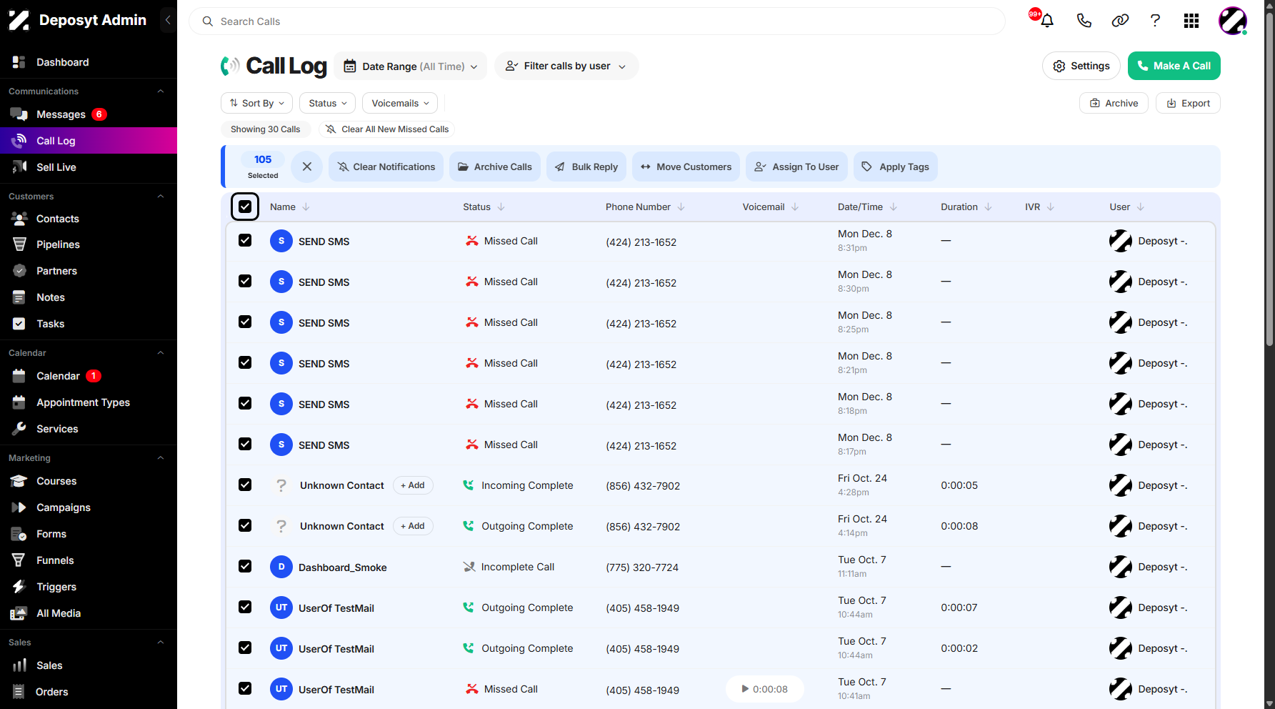 Step 4: Alternatively, you can click the Select All checkbox at the top to select all call history entries.