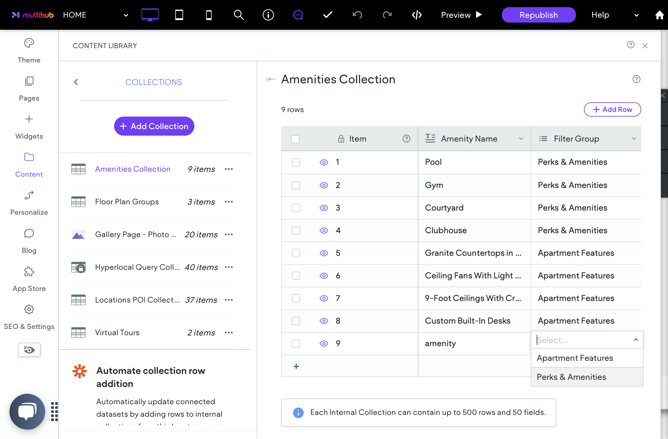 For Filter Group, select if it is a community or interior amenity