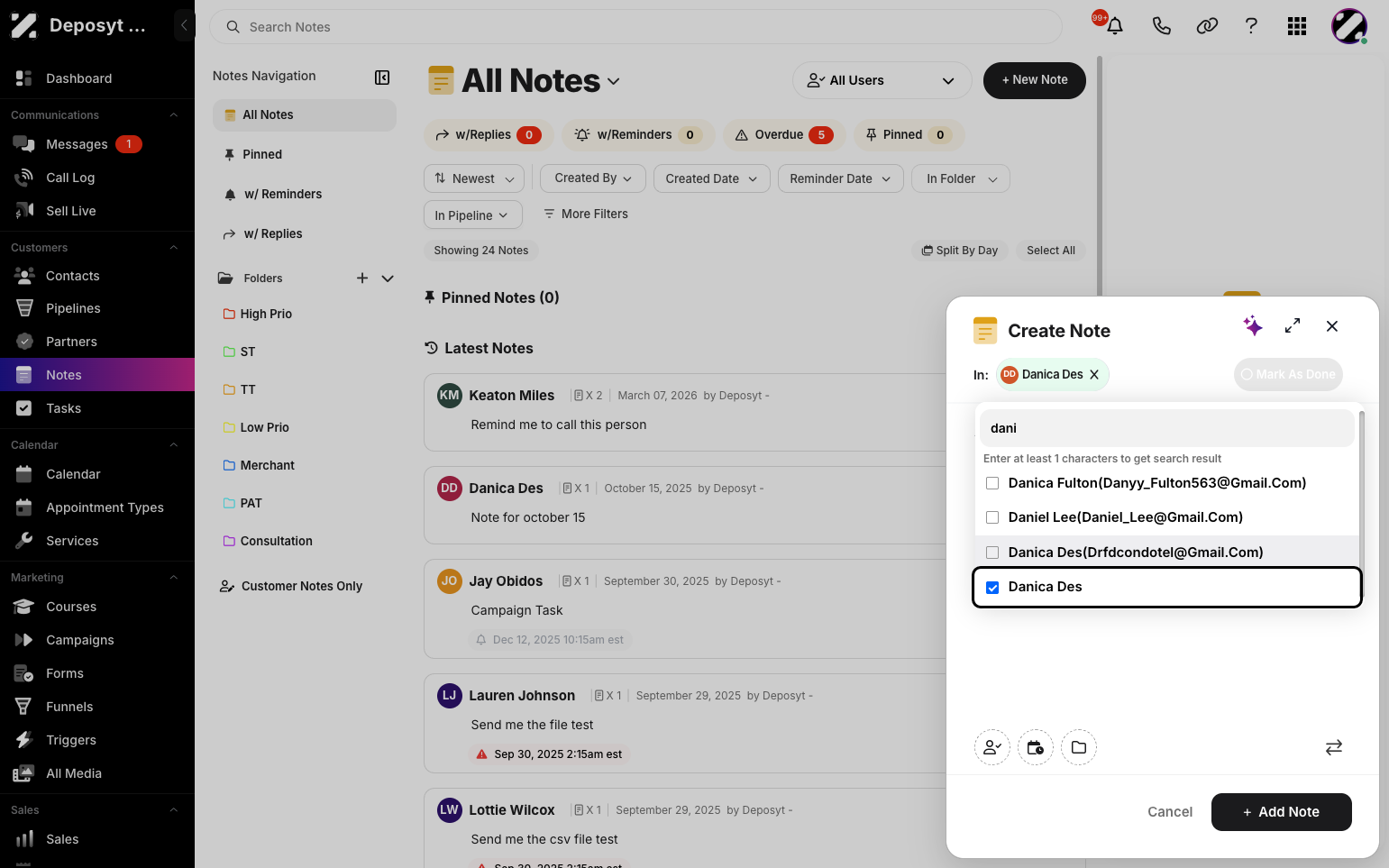 Step 4: You can select a specific contact for the note, or leave it as a general note for the logged-in user.