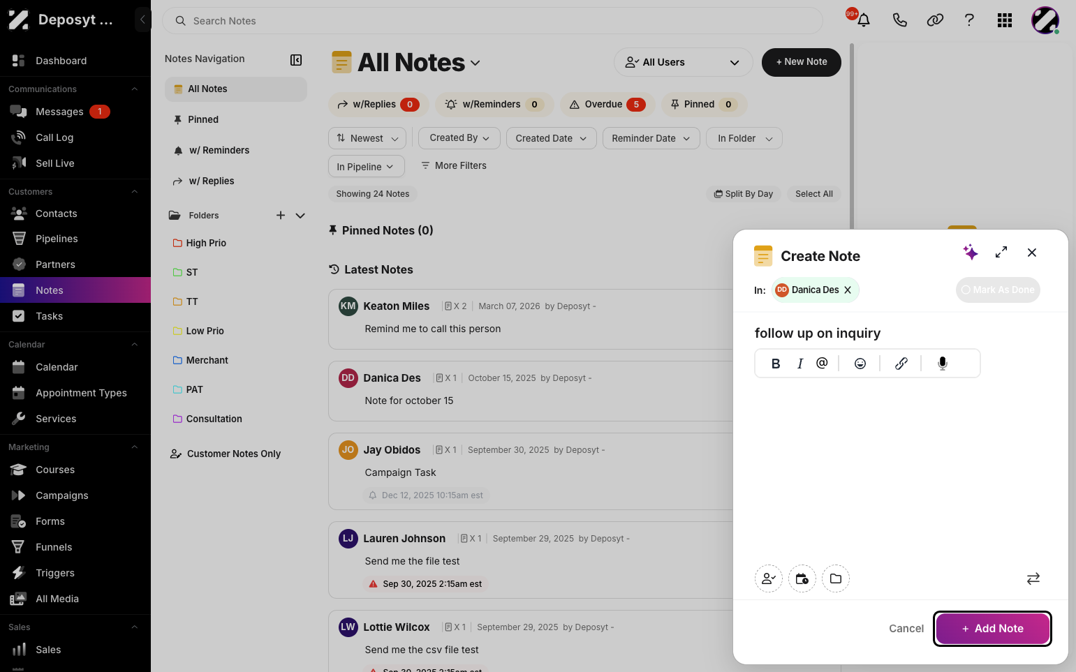 Step 7: When you are done, click the ‘+ Add Note’ button to create the note.
