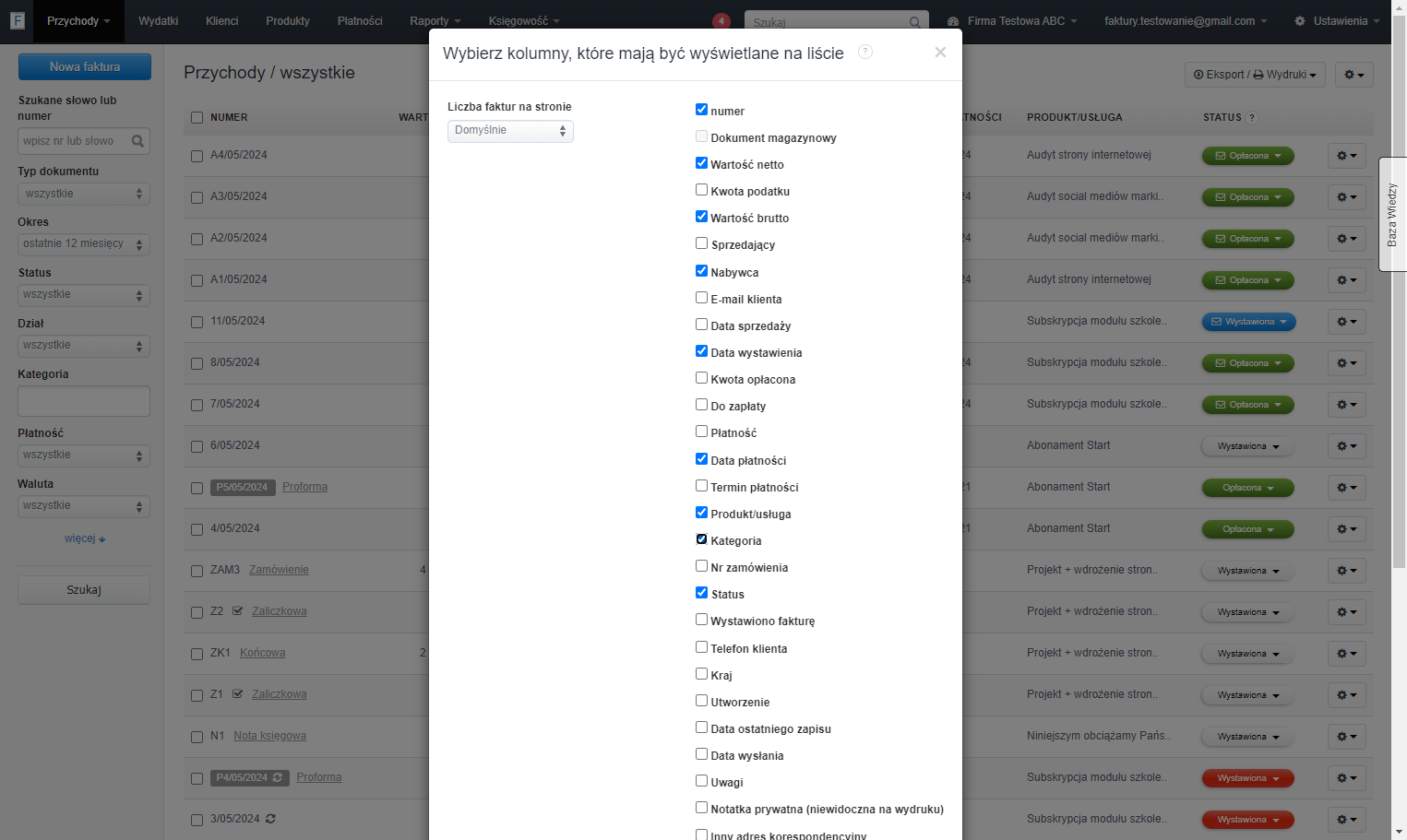 Na wyświetlonej liście zaznacz checkbox obok opcji 'Kategoria'.