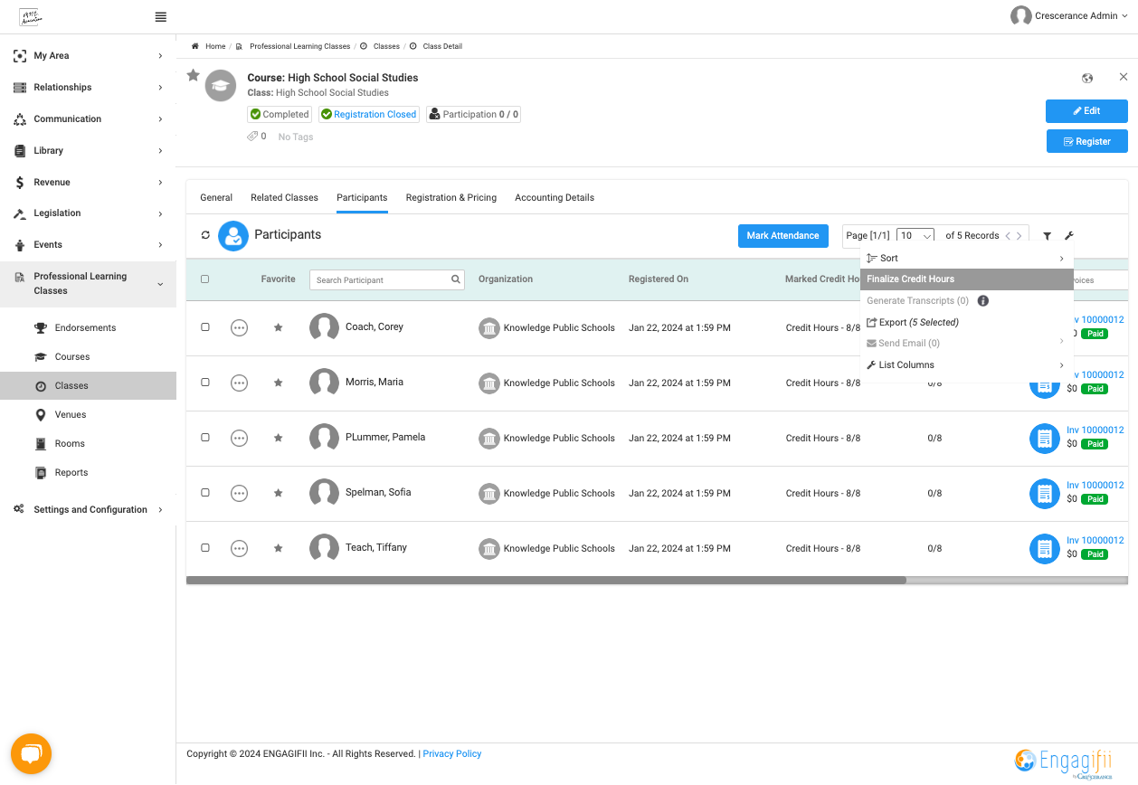 Click on Finalize Credit Hours