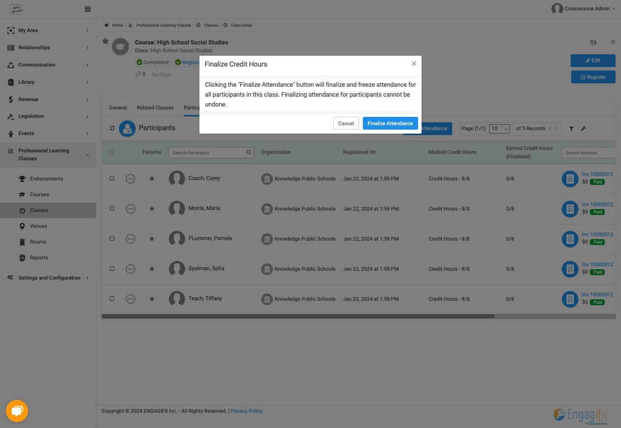 Click on Finalize Attendance