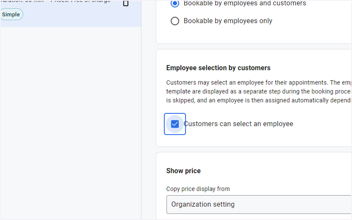 Check the Customers can select an employee box