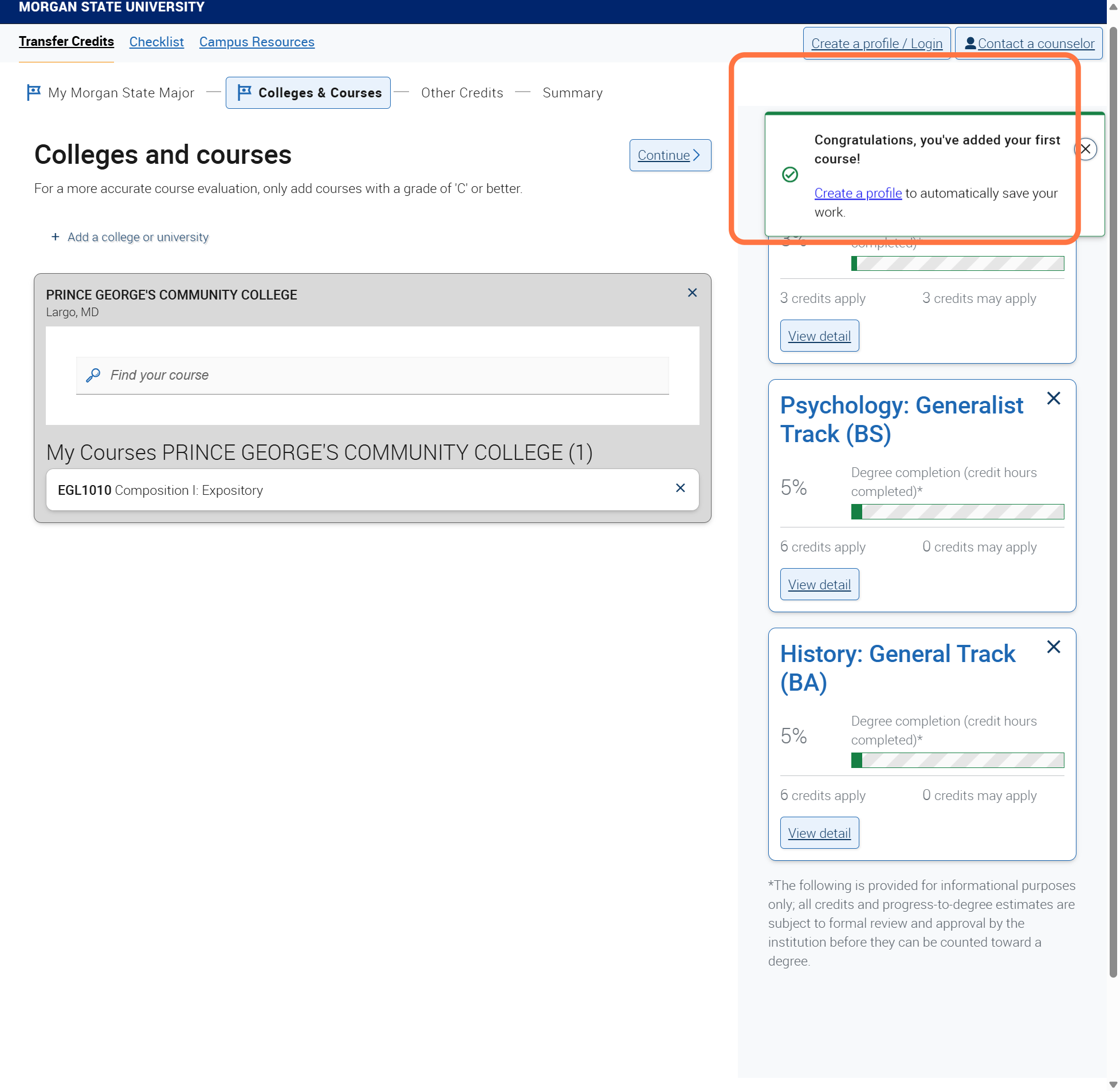 A message will display that you successfully added a course!