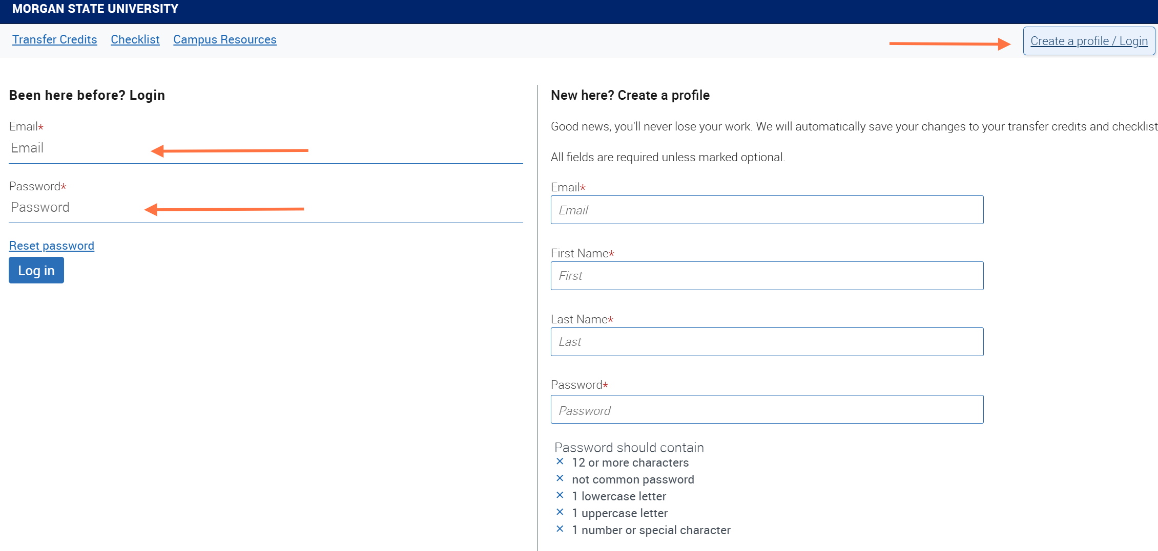 Log in to your account or create a profile to track your transfer credits