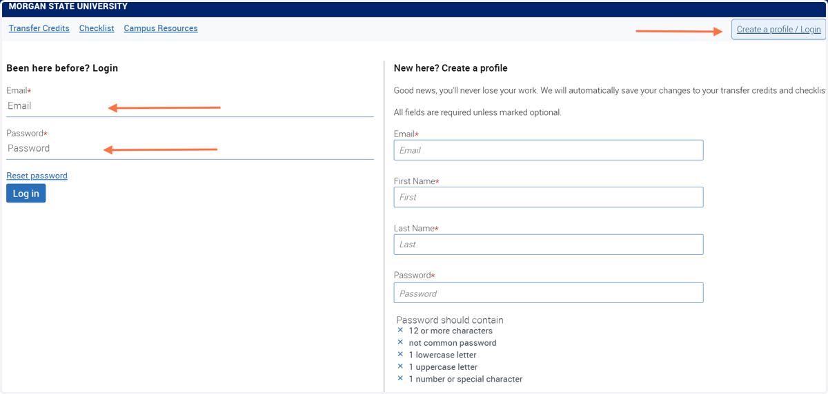 Log in to your account or create a profile to track your transfer credits